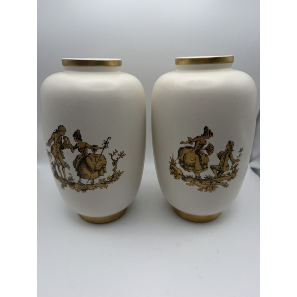 Pair Hyalyn Porcelain Pottery Vases Model 256 Courting Couples Gold 9.5" MCM